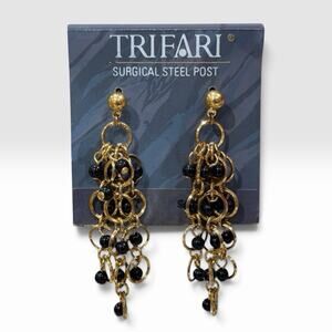 Y2K Trifari Gold Tone Black Bead Cluster Chandelier Drop Dangle Earrings Post